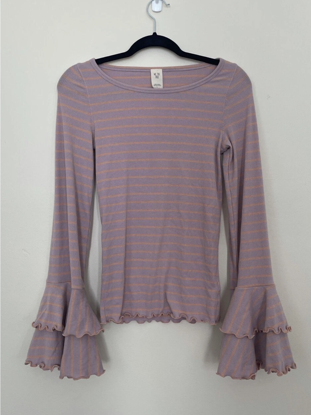 Free People We the Free Boho purple stripe  70s Flutter long Bell sleeve top S